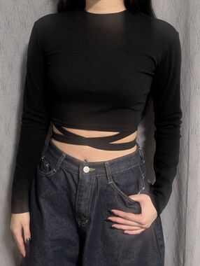 Black Long-Sleeve Wrap Crop Top